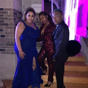 Burgundy and Black Sequins Pants Suit.